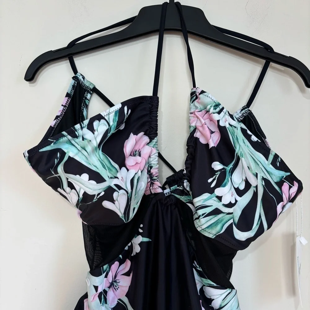 beachsissi Mesh waist adjustable strap pink blue floral black One Piece Swimwear